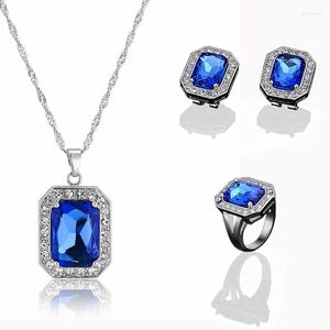 Necklace Earrings Set Costume For Women Necklace/Pendant/Earrings/Rings Wedding With Blue Stones Free Box
