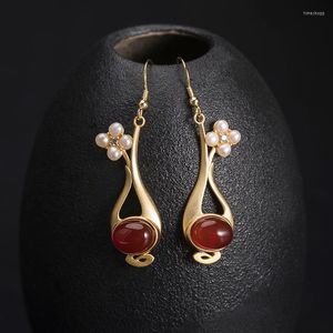 Hoop Earrings S925 Sterling Silver Creative Design Chalcedony Pearl Vase Stud Female Ethnic Style Individual Flower