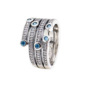 Bandringe im Ozean-Stil mit blauem Stein und Originalverpackung für Pandora, authentischer Sterlingsilber-Hochzeitsfeierschmuck für Frauen, CZ-Diamant-Geschenkring-Set für Freundin