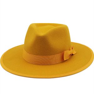 Skąpe czapki żółte kobiety wełniane fedora kapelusz z łukową wstążką dżentelmen elegancka dama zima jesienna szeroka grzbiet Kościół jazzowy Panama Sombrero Cap 0103