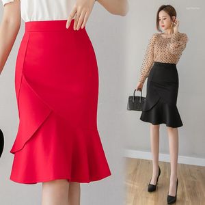 Skirts 2023 Spring Women Formal Midi Skirt Female Elegant High Waist Package Hip Black/Red Office Lady Fishtail