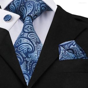 Bow Ties SN-1430 Anländer Paisley Tie Set Luxury Blue Neck Hanky ​​Cufflinks Hi-Tie Silk för Mens Business Wedding Party