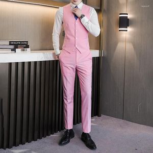 Men's Suits Pink Wedding Groom Waistcoats Pants 2 Pcs Sets Slim Fit Vest Yellow Stage Clothes Mens Party Wear Elegant Clothing Social Pack