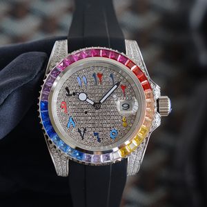 ダイヤモンドメンズ腕時計レインボーベゼル自動機械式時計ステンレス鋼ラバーストラップ 40 ミリメートル時計デザイナーサファイア防水