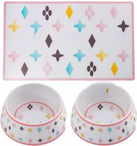 Designer Dog Bowls and Placemats Set Food Grade Non-Skid BPA-Free Chip-Proof Tip-Proof Dishwasher Safe Malamine Bowls with Fun Brand Parody Designs 2 Bowl 23 OZ