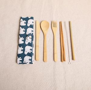 Wooden Dinnerware Set Bamboo Teaspoon Fork Soup Knife Catering Cutlery Set with Cloth Bag Kitchen Cooking Tools Utensil SN5075