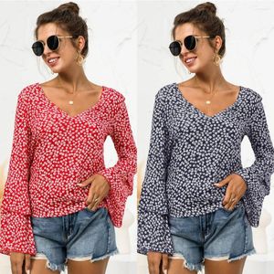 Kvinnors T-skjortor Summer Kvinnor T-shirts Tryck Färg Floral Butterfly Långärmad Autumn Loose Style V Neck Ruffles Lace Up Female Blus