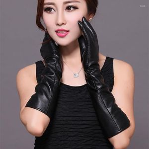 Knee Pads Black Genuine Leather Women Lady Sexy Arm Length Gloves Luxury Sheepskin Long Solid