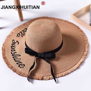 Stingy Handmade Weave letter Sun Hats For Women Black Ribbon Lace Up Large Brim Straw Hat Outdoor Beach hat Summer Caps Chapeu Feminino 0103