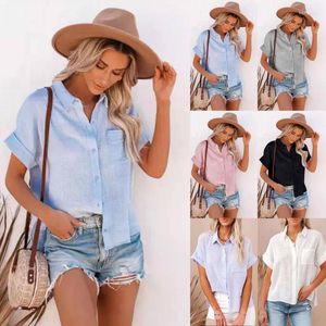 Women's Blouses Cotton Linen Women Tops Summer Pocket Short Sleeve Turn-down Collar Button Up Shirt White Black Pink Gray Cloth Shirts