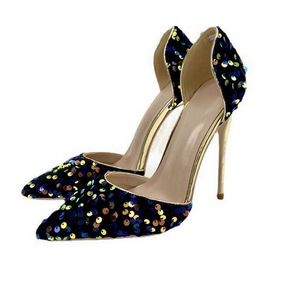 Scarpe blu paillettes Blu Luxury Red Bottom Donne a punta di punta d'Orsay con tacco alto nuziale Scarpe da sposa sexy Ladies Party Stiletto Pompe taglienti Sandali dimensioni 33-45