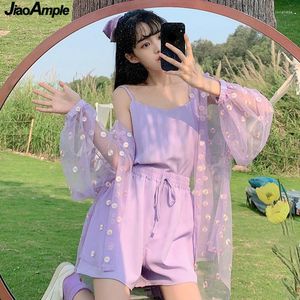 Women's Tracksuits Korean Sweet Daisy Summer Clothing Sets For Women 2023 Fashion Girls Student Sling Shorts Purple Sun Protection Shirt