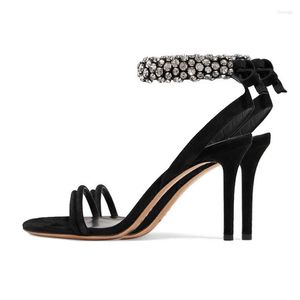 Dress Shoes Crystal Ankle Strap Sandals Tie Up Open Toe Cut Out Stiletto High Heels Summer Ladies Runway Black Women