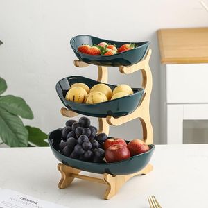 Plates Old Style 1/2/3 Tiers Living Room Home Plastic Fruit Plate With Wood Holder Snack Creative Modern Dried Basket Candy Dish