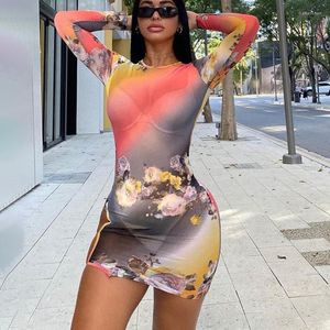 Casual Dresses Summer Fashion Women's Dress Sexy Long Sleeve Floral Tie-dye Print Hip Bag Mini Mesh See Through Party Clubwear Bodycon