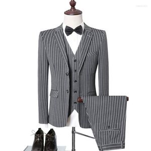 Herrdräkter Hösten Herr Slim British Wedding Vertical Stripes Dress Blazer / Man Three Piece Suit Vest Pants Byxor Waistcoat