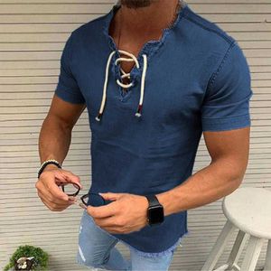 Männer T-Shirts Übergroße Männer Casual T-shirt V-ausschnitt Spitze-up T-shirt Sommer Denim Einfarbig Kurzarm Schlank Sport tops 2022 T230103