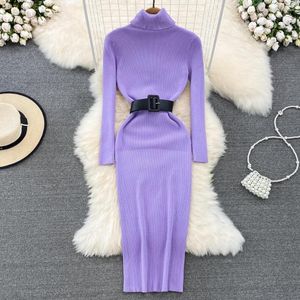 Casual Kleider Elegante Rollkragen Lange Ärmel Stricken Weiche Enge Bleistift Kleid Mit Gürtel Slim Mode Warme Pullover Vestido Sexy Frauen winter