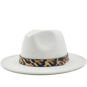 Stingy Brim Men Wool Jazz Fedora Hats Casual Men Kvinnor Leather Leopard Belt Felt Hatt White Pink Yellow Panama Trilby Formal Party Cap 0103