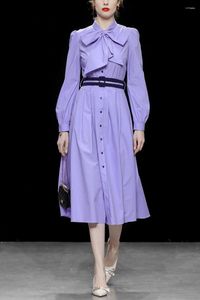 Casual Dresses LINDA DELLA 2023 Fashion Designer Women Summer Models Temperament Purple Collar Lacing Bow Waist Bubble Sleeve Slim
