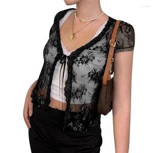 Women's Blouses Xingqing Women Sexy Blouse See Through Y2K Mesh Cardigan Shirt Ladies Girls Short Sleeve Button Down Lace E-Girl Crop Top