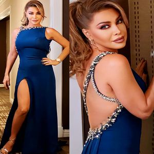 Aso 2023 Arabic Ebi Navy Blue Prom Dresses Beaded Crystals Sheath Evening Formal Party Second Reception Birthday Engagement Gowns Dress ZJ603