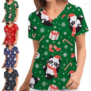 Christmas Decorations Santa Print Scrub Women V-Neck Short Sleeve Uniform Carer Work Cloths Pet Grooming Shirt Beauty Salon Home Decor