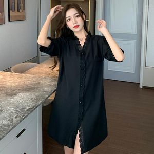 Kvinnors sömnkläder 2023Summer Women's Nightdress Short Sleeve Chiffon Buttons Thin Spets Homewear Sexig Women Nightwear Sleep Tops