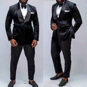 Black Velvet Men Wedding Tuxedos Plus Size Custom Made One Button Formal Evening Prom Pants Suits 2 Pieces