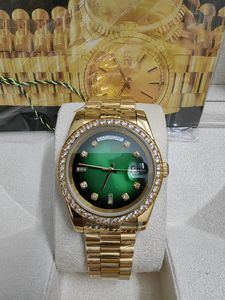 Original Box Certificate 18K Gold President Male Watches Day Date Diamonds Green Dial Watch Män rostfri Diamond Bezel Automatisk armbandsur 2023656