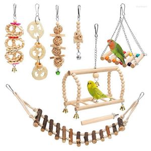 Andra fågelförsörjningar 8st Pet Toys Set Parrot Chewing Undyed Wood Environmental Healthy Swing Ladder Combination for Cage