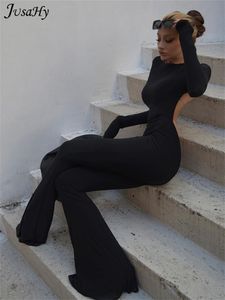 Kvinnors jumpsuits Rompers Jusahy Summer Y2K Solid Black Basic Bodysuit For Women Fashion Longeple Halter Backless Flare Pants Simple Casual Streetwear 221231