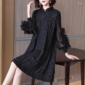 Casual Dresses Miyake Pleated Fold Dress Lantern Bud Sleeve Heavy Industry 2023 Broderi Folds Loose Chinese Style Vintage Clothing