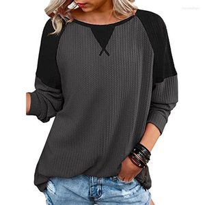 Women's T Shirts Plaid Patchwork Collision Shirt Border Waffle Pullover Splice O Neck T-shirt Raglan Sleeve Women Causal Loose
