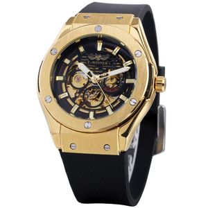 Gewinner Mode Männer Uhren Top-marke Luxus Automatische Uhr Mechanische Skeleton Goldene Metall Männliche Gummiband Armbanduhren SLZa902890