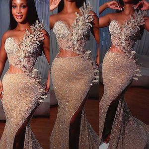 2023 아랍어 ASO EBI Mermaid Champagne Prom Dreess Beaded Crystals 저녁 공식 파티 두 번째 리셉션 생일 약혼 가운 드레스 ZJ478