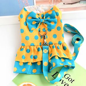 Dog Collars Dress With Leash Pet Clothes For Small Dogs Cats Spring And Summer Skirt Leads Princess Bow Cat Print Puppy Harness