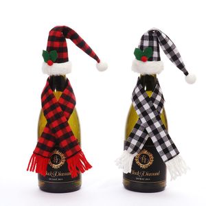 Factory Bar Tools Christmas Ornaments Set Xmas Mini Buffalo Plaid Wine Bottle Topper Cover Santa Hat Checked Scarf RRA