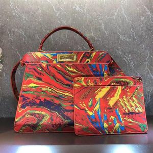 Tote Bag Shopping Bags Handbag Purser Cowhide Real Leather Patchwork Color Marble Printed Lock Removable Shoulder Strap Wome310V