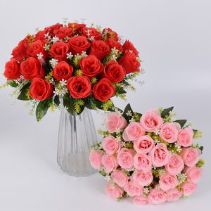 24 Buds Artificial Rose Flowers Bouquet Indoor Outdoor Wedding Party Backdrop Wall Road Home Decoration Valentine Mothers Day Anniversary Flowers