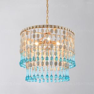 Chandeliers Mediterranean Loft Wooden Chandelier Nordic Elegant Design Blue Glass Drop Lamp For Living Room Bedroom Kitchen Home Decoration