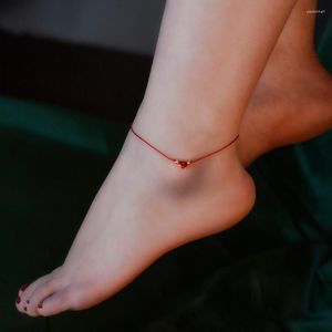 Anklets zhixi real 24k guld anklet ren 999 hjärthänge 18k boll handvävt justerbart rött rep för kvinnor fin smycken gåva s527