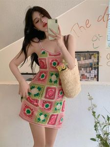 Casual Dresses 2023 Vintage Summer Spaghetti Strap Dress Women Sleeveless Sundress Boho Hollow Out Crochet Patchwork Mini Vestidos