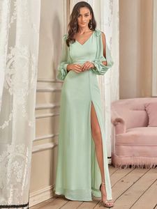 Plus Kleider für besondere Anlässe Abendkleid Langarm V-Ausschnitt vorne geschlitztes Partykleid EP00969