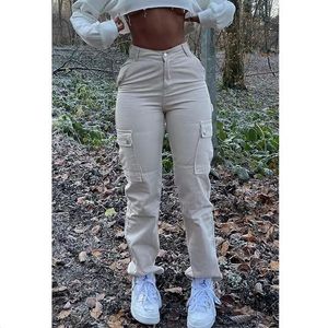 Calça Cargo Caqui Jeans Feminino Cintura Alta Fino Moda Streetwear Exército Verde Bolsos Grandes Y2K Calça Jeans Baggy Vintage Macacões