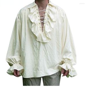 Men's Casual Shirts Mens Pirate Medieval Shirt Ruffled Long Sleeve Lace Up Renaissance Victorian Viking Steampunk Halloween Cosplay Costume