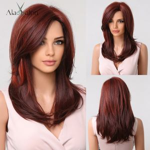 Auburn Red Highlight Layered Perücken mit seitlichem Pony, synthetische Naturhaarperücken für schwarze Frauen, Afro-Perücke, Dunkelrot, direkt bei der Fabrik