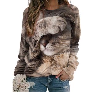 Women's T-Shirt Spring and Autumn Women's Elegant Loose 3D Cat Printing Blouse Top Round Neck Casual Ladies Daily Oversize Long Sleeves T-shirt T230104