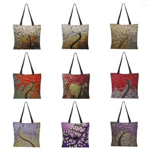 Storage Bags Customized Cherry Blossom Oil Paint Tote Bag For Women Lady Elegant Handbags Reusable Linen Shopping Double Side Print