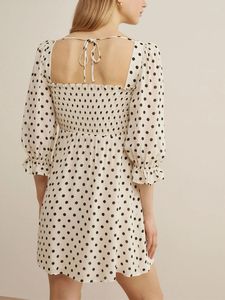 Casual Dresses Women Summer 2023 Elegant Square Neck Back Tie Vintage Polka Dot Woman 3/4 Puff Sleeve Smocked Mini